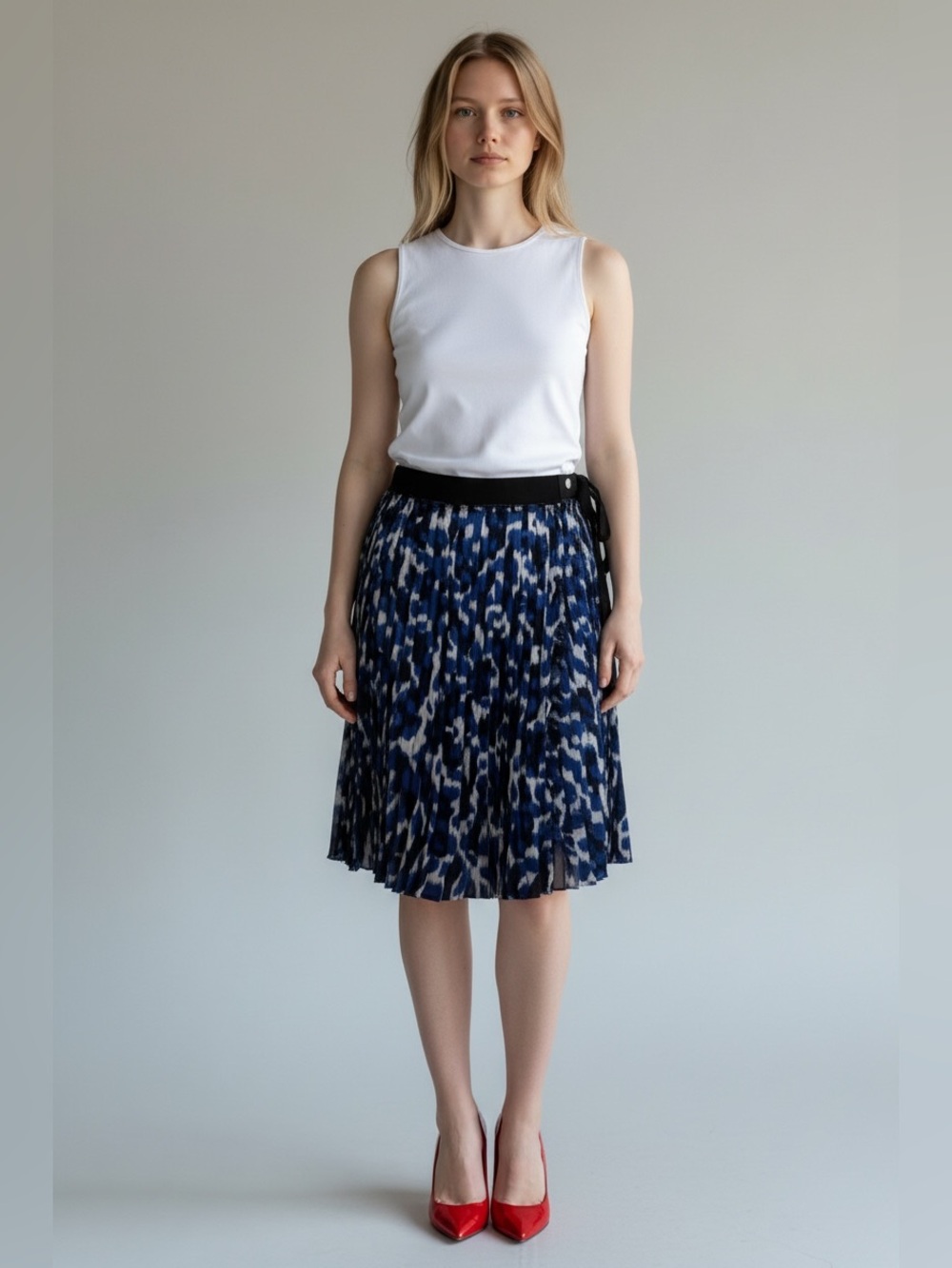 Louis Vuitton Navy and White Pleated Midi Skirt